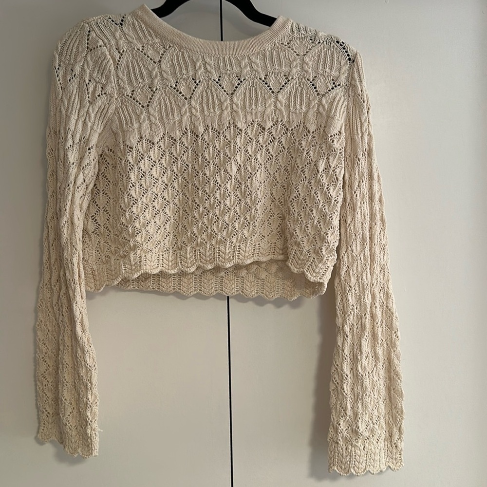 Lush Small Cream Beige Crochet Crop Top Sweater Bell Sleeve Transition